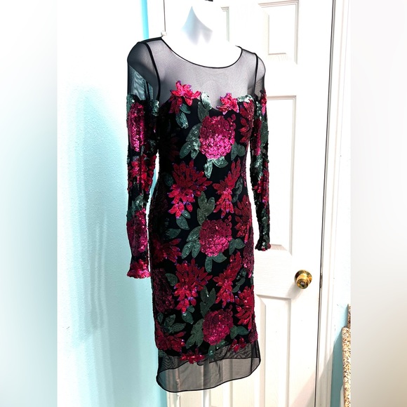 $699 BADGLEY MISCHKA Collection Sequined Sheath Evening Cocktail Party Dress - Picture 3 of 10